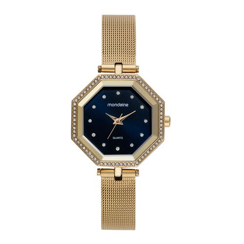 Relógio Feminino Dourado Malha de Aço Cristais Cravejados