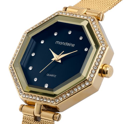 Relógio Feminino Dourado Malha de Aço Cristais Cravejados