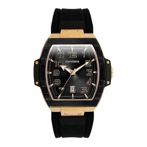 Relógio Masculino Caixa Formato Barril Calendário Preto e Dourado