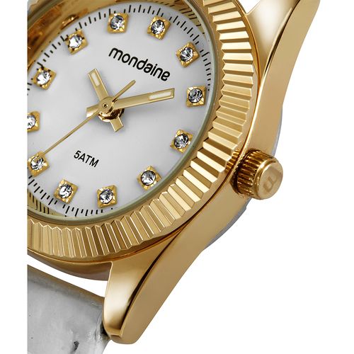 Relógio Feminino Caixa Pequena Couro Dourado e Branco