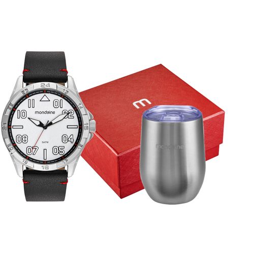 Kit Relógio Masculino Cromado Marcadores 3D Com Copo Térmico