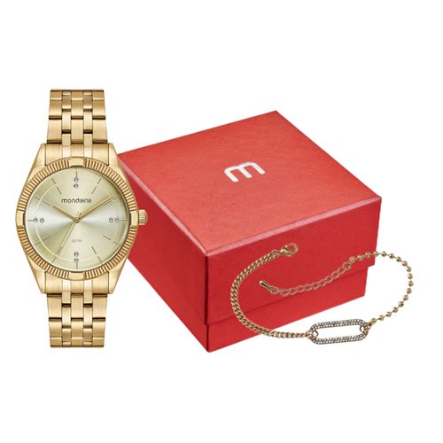 Kit Relógio Feminino Dourado Com Pulseira de Corrente
