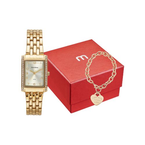 Kit Relógio Feminino Dourado Quadrado Com Pulseira Coração