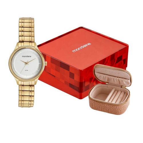 Kit Relógio Feminino Minimalista Dourado com Porta-Jóias