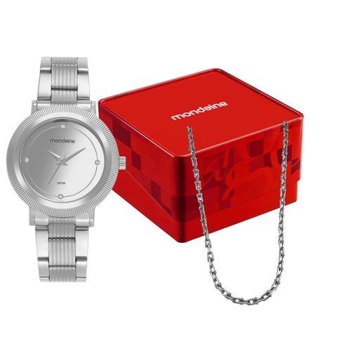 Kit Relógio Feminino Prata Espelhado com Colar