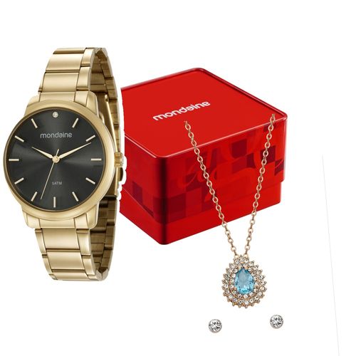 Kit Relógio Feminino Dourado Colar Gota de Cristal e Brincos