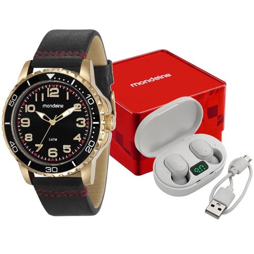 Kit Relógio Masculino Casual Dourado Com Fone Bluetooth