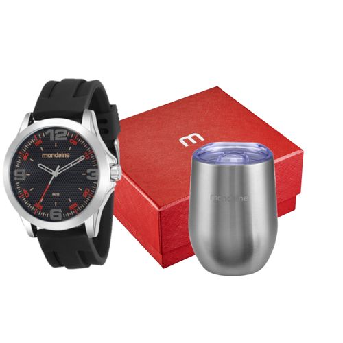 Kit Relógio Masculino Esportivo Cromado Com Copo Térmico