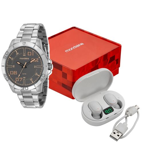 Kit Relógio Masculino Robusto Prata Com Fone Bluetooth