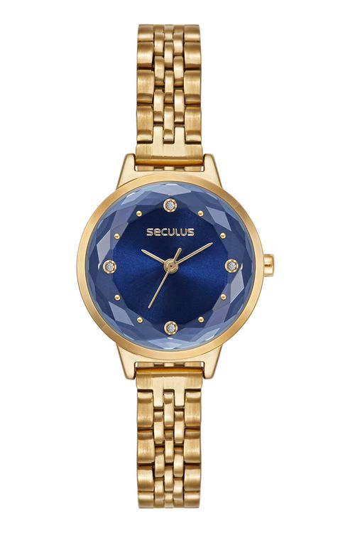 Relógio Feminino Analógico Vidro Facetado Azul