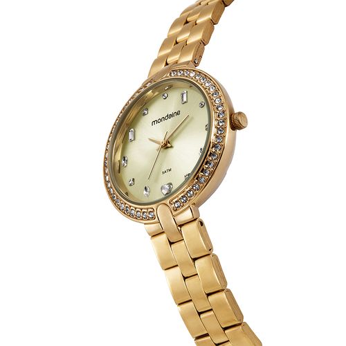 Relógio Feminino Mondaine Dourado Pulseira Aço Cristais