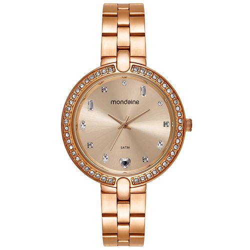 Relógio Feminino Mondaine Rose Cristais Pulseira Aço
