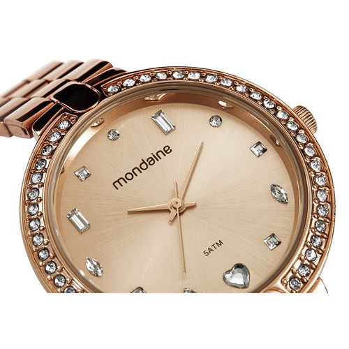 Relógio Feminino Mondaine Rose Cristais Pulseira Aço