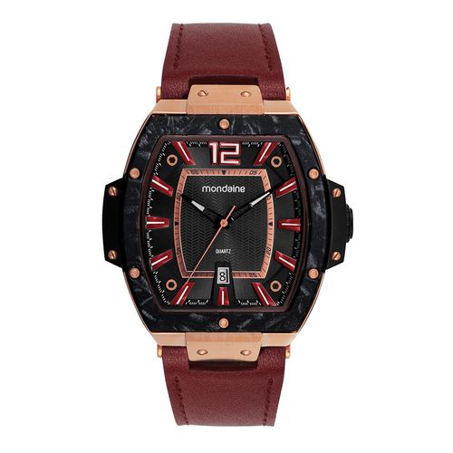 Relógio Feminino Vermelho Oval Calendário Couro Preto