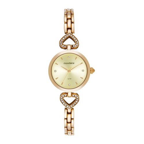 Relógio Feminino Dourado Aço Champagne Coração