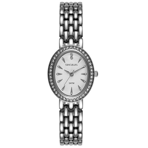 Relógio Feminino Seculus Aço Prata Oval com Cristais