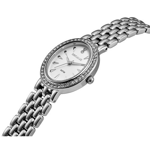 Relógio Feminino Seculus Aço Prata Oval com Cristais