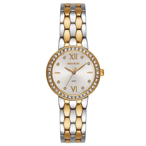 Relógio Feminino Seculus Aço Bicolor Catraca com Cristais