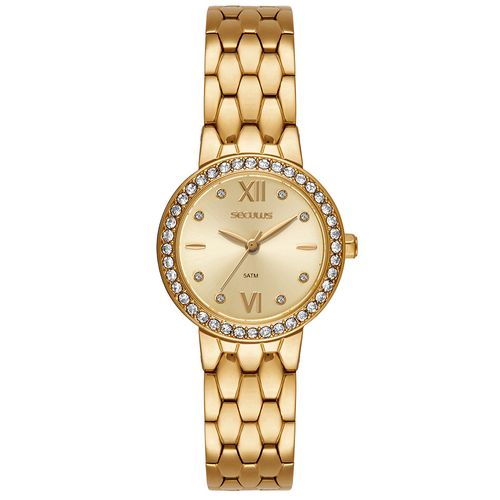 Relógio Feminino Seculus Aço Dourado Catraca com Cristais