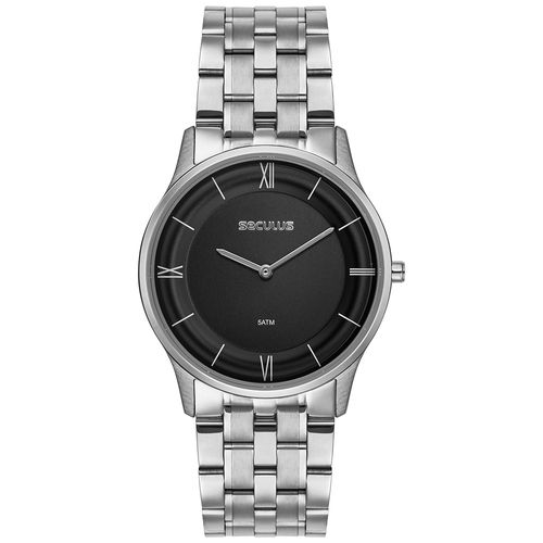 Relógio Masculino Seculus Aço Prata Slim Mostrador Preto