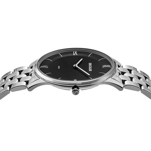 Relógio Masculino Seculus Aço Prata Slim Mostrador Preto