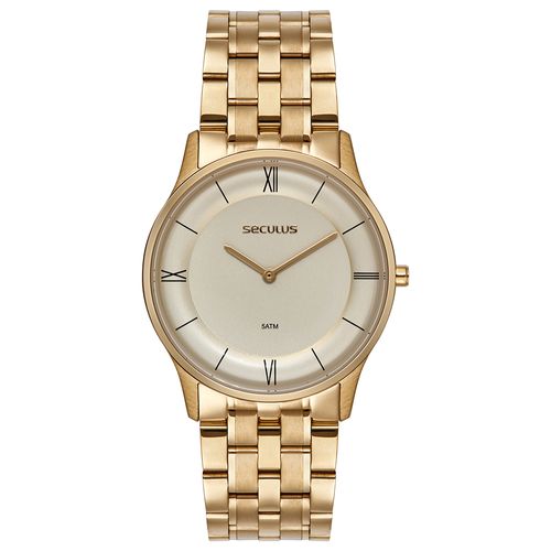 Relógio Masculino Seculus Aço Dourado Slim Minimalista
