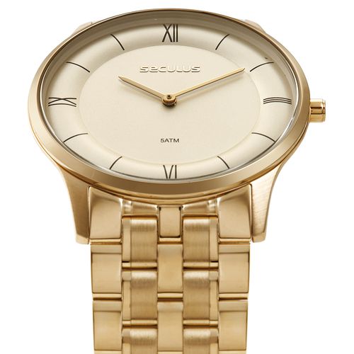 Relógio Masculino Seculus Aço Dourado Slim Minimalista