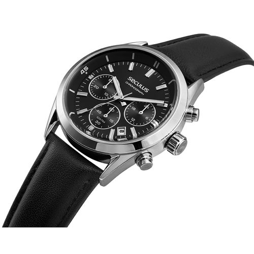Relógio Masculino Seculus Prata Cronógrafo Mostrador Preto