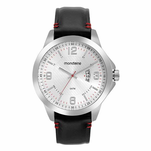 Relógio Masculino Preto Prata Calendário Couro 48mm