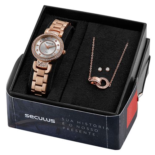 Kit Relógio Seculus Feminino Cristais com Colar e Brincos