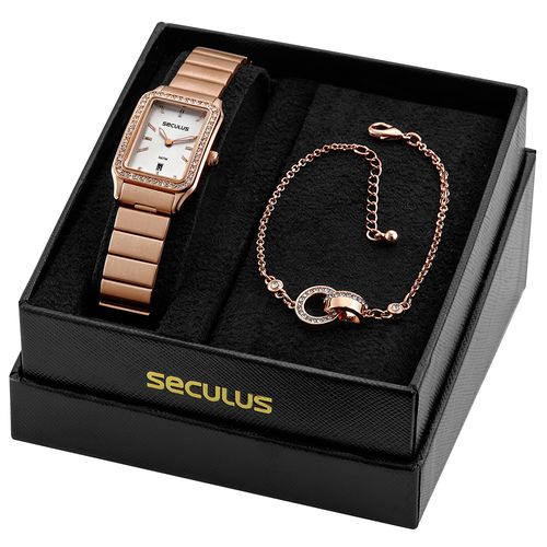 Kit Relógio Seculus Feminino Quadrado com Cristais com Pulseira