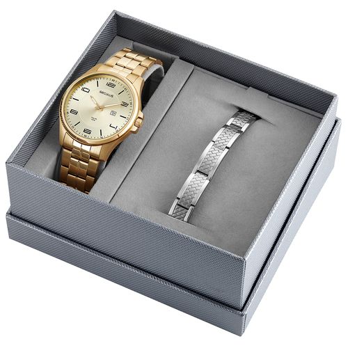 Kit Relógio Seculus Masculino Analógico Calendário com Bracelete