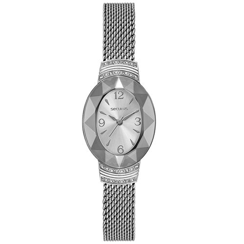 Relógio Feminino Seculus Oval Prata Vidro Facetado