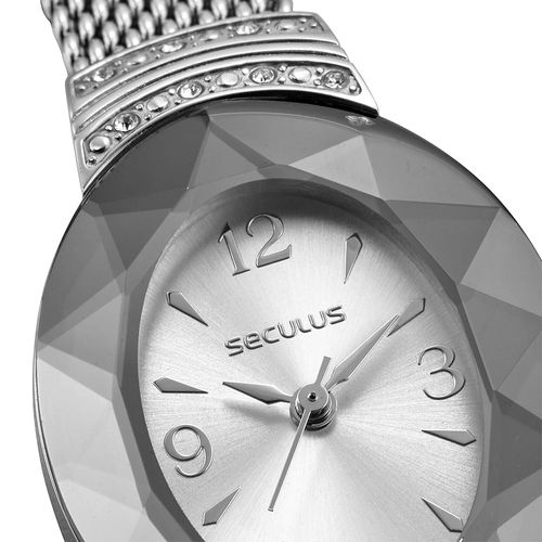Relógio Feminino Seculus Oval Prata Vidro Facetado