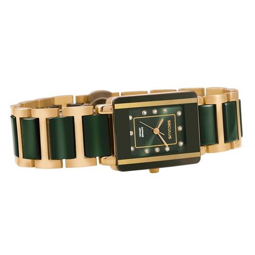 Relógio Feminino Verde em Cerâmica Quadrado Vidro Safira