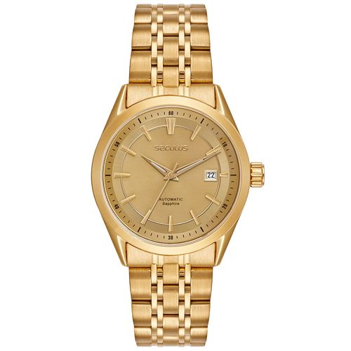 Relógio Automático Dourado Aço Calendário Completo