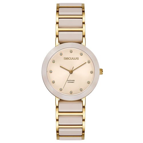 Relógio Feminino Analógico Cerâmica Cristais Rosa