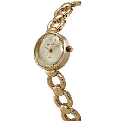 Relógio Mondaine Feminino Dourado Pulseira Sólida Vidro Facetado