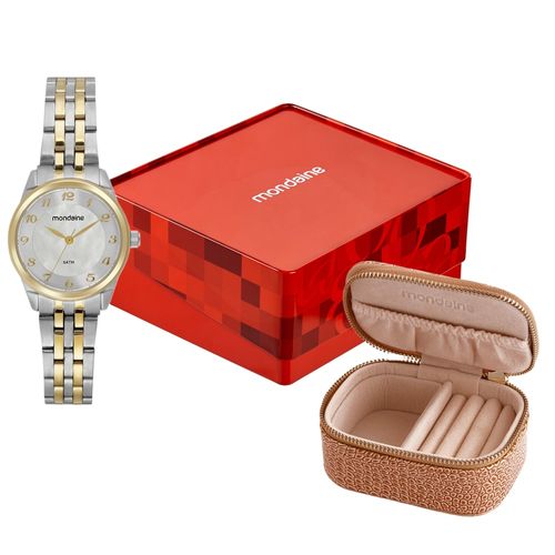Kit Relógio Feminino Madrepérola Bicolor com Porta Jóias
